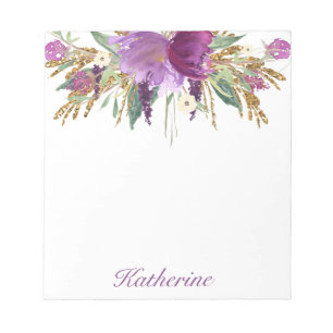 Lila und Gold Aquarell-Blumen Notizblock