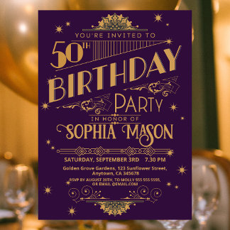 Lila und Gold Art Deco 50. Geburtstag Einladung