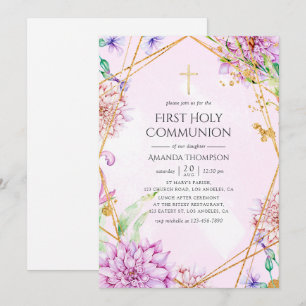 Lila und Gold Blumen Geometrisch Erstkommunion Einladung