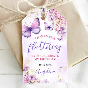 Lila und Gold Blumen Schmetterling 1. Geburtstag Geschenkanhänger