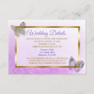Lila und Gold Butterfly Wedding Details Card Begleitkarte