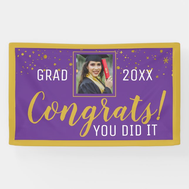 Lila und Gold Confetti Glückwunsch Grad 2020 Foto Banner (Horizontal)