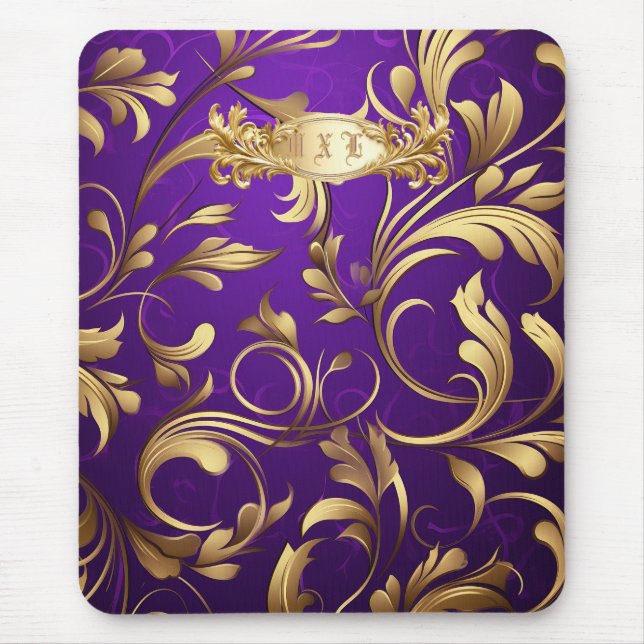 Lila und Gold Damask Mit Monogramm Mousepad (Vorne)