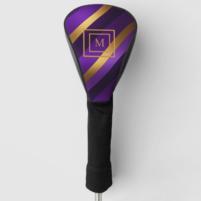 Lila und Gold Diagonal gestreift Mit Monogramm Golf Headcover (Vorderseite)