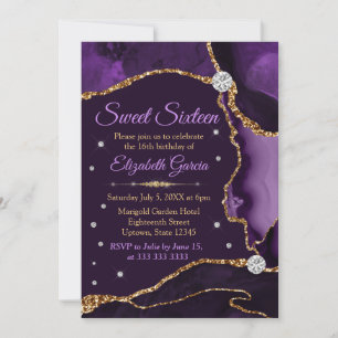 Lila und Gold Faux Glitter Achat Sweet 16 Einladung