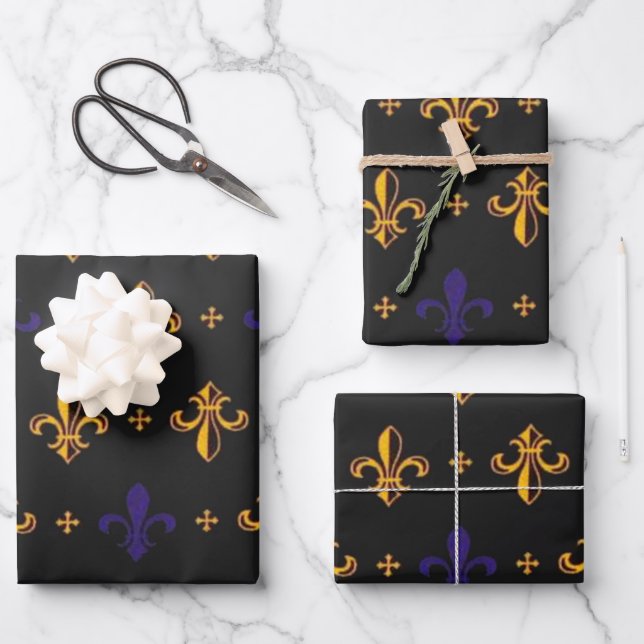 Lila und Gold Fleurs De Lis Geschenkpapier Set (Vorderseite)