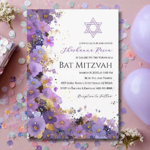 Lila und Gold Floral Bat Mitzwa Einladung