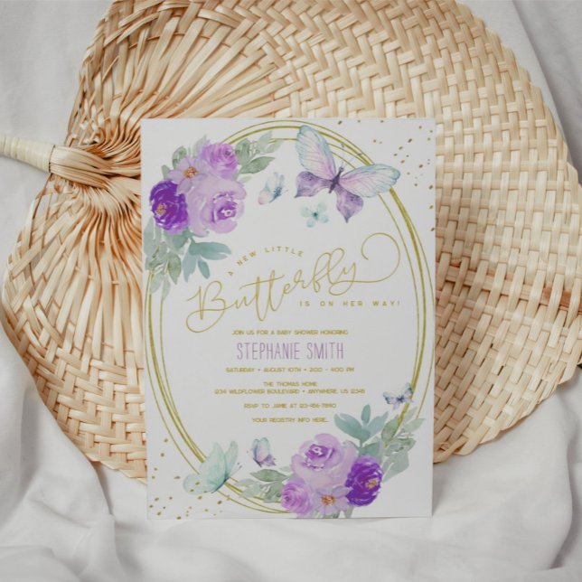 Lila und Gold Floral Butterfly Baby Dusche Einladung (Von Creator hochgeladen)