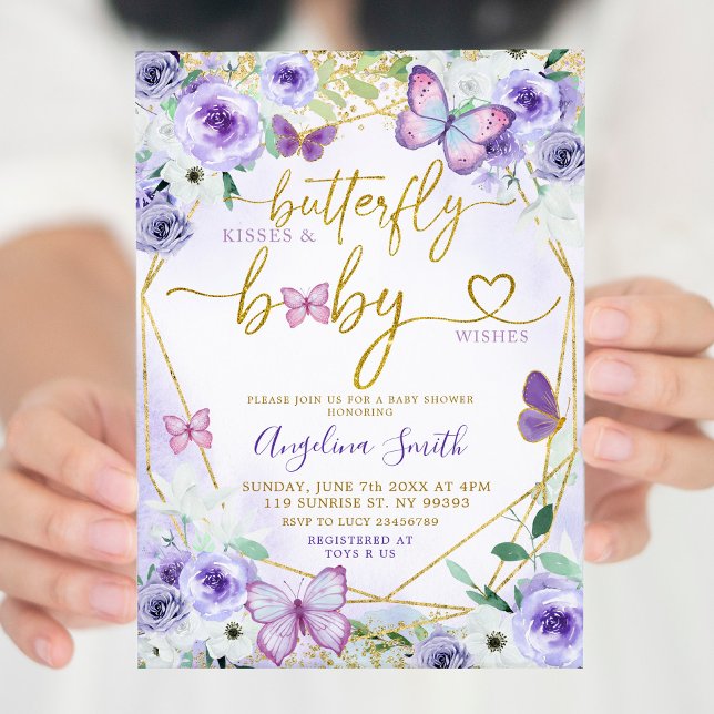 Lila und Gold Floral Butterfly Baby Dusche Einladung (Von Creator hochgeladen)
