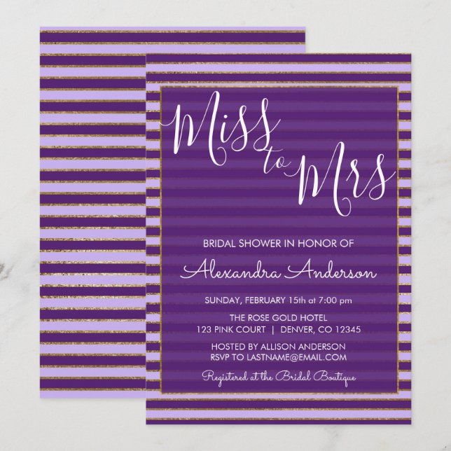 Lila und Gold Foil Miss zu Mrs. Brautparty Einladung (Vorne/Hinten)