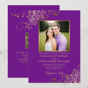 Lila und Gold Foto- und QR-Code elegante Hochzeit Einladung