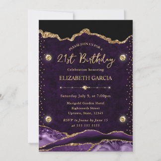 Lila und Gold Glitter Achat 21. Geburtstag Einladung