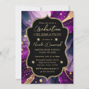 Lila und Gold Glitter Alkoholtinte Abschluss Einladung