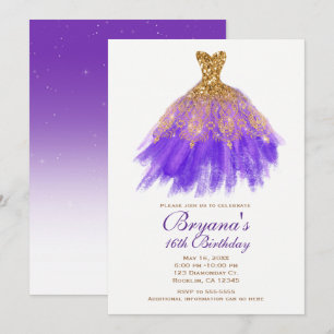 Lila und Gold Glitter Glam Kleid Süße 16 Party Einladung