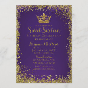 Lila und Gold Glitter-Krone Sweet 16 Party Einladung