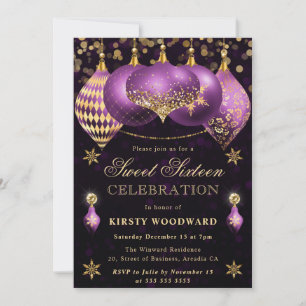 Lila und Gold Glitter-Kugeln Sweet Sixteen Einladung