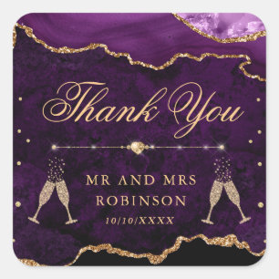 Lila und Gold Glitter Marmor Achat Hochzeit Quadratischer Aufkleber