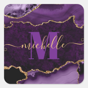 Lila und Gold Glitter Marmor Achat Monogramm Quadratischer Aufkleber