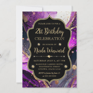 Lila und Gold Glitzer Alkohol Tinte 21. Geburtstag Einladung