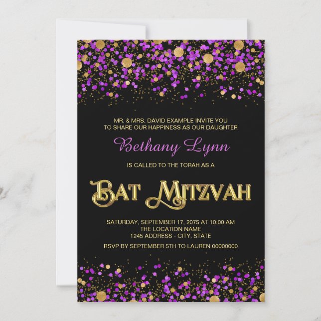 Lila und Gold Glitzer Bat Mitzvah Einladung (Vorderseite)