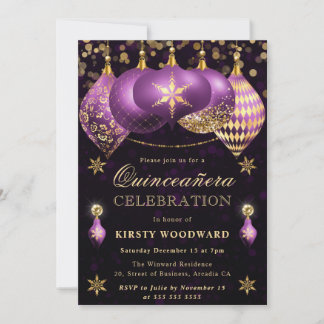 Lila und Gold Glitzer Baubles Quinceanera Einladung