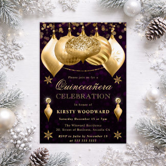 Lila und Gold Glitzer Baubles Quinceanera Einladung