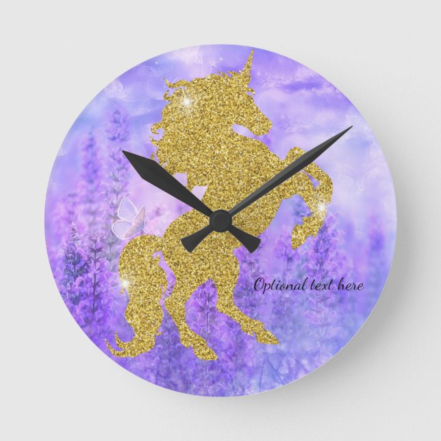 Lila und Gold-Glitzer-Einhorn-Wall-Uhr Runde Wanduhr (Vorderseite)