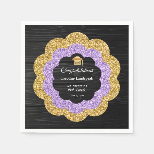 Lila- und Gold-Glitzer-Graduierungsparty Serviette (Vorderseite)