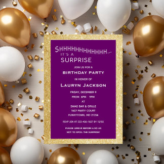 Lila und Gold Glitzer Überraschung Party Geburtsta Einladung