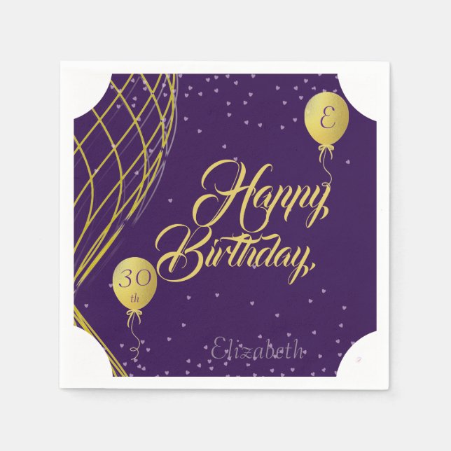 Lila und Gold Happy Birthday Paper Napkin Serviette (Vorderseite)