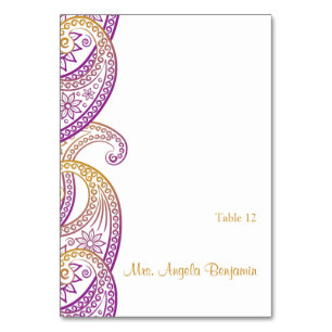 Lila und Gold Indian Paisley Wedding Platzkarte Tischnummer