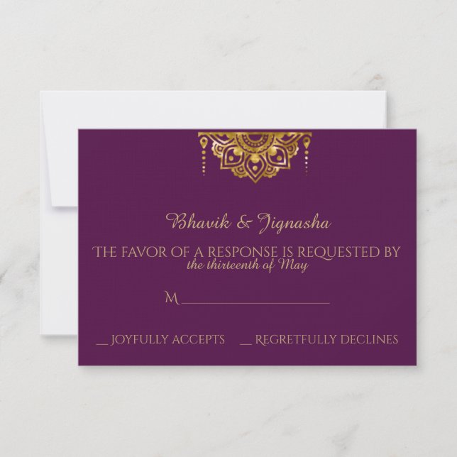 Lila und Gold Indian Wedding Response Card RSVP Karte (Vorderseite)