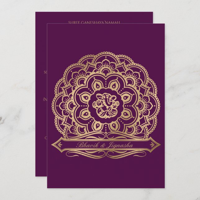 Lila und Gold Mandala Indische Hochzeitseinladung Einladung (Vorne/Hinten)