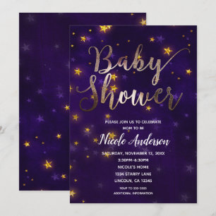 Lila und Gold Nacht unter den Sternchen - Babypart Einladung