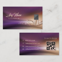Lila und Gold Nageltechniker-Geschäftskarte mit QR