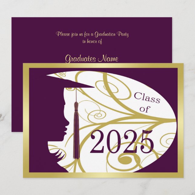 Lila und Gold Silhouette 2025 Graduation Party Einladung (Vorne/Hinten)