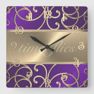 Lila- und Gold-Time-Fliegen-Uhr Quadratische Wanduhr