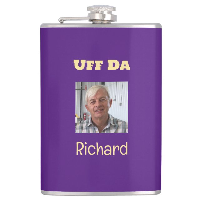 Lila und Gold Uff Da Custom Foto Flask Flachmann (Vorderseite)