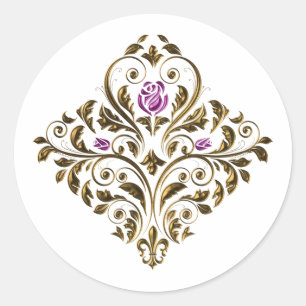 Lila und Gold Verzierte Vintage Blumen Runder Aufkleber