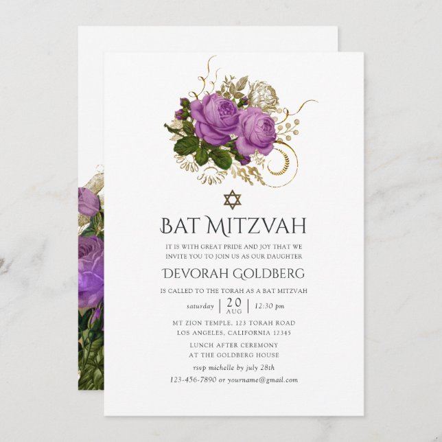 Lila und Gold Vintag Chic Bat Mitzvah Einladung (Vorne/Hinten)