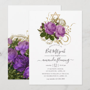 Lila und Gold Vintage Chic Floral Bat Mitzvah Einladung
