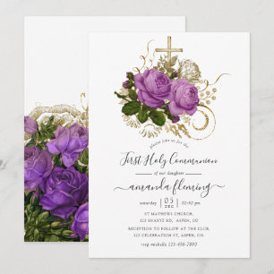Lila und Gold Vintage Chic Floral Erstkommunion Einladung