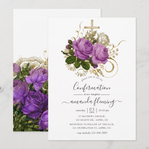 Lila und Gold Vintage Chic Floral Konfirmation Einladung