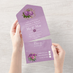 Lila und Gold Vintage Chic Florale Hochzeit All In One Einladung