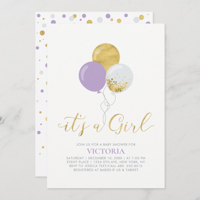 Lila- und Goldballons | Es ist eine Mädchen-Babydu Einladung (Vorne/Hinten)