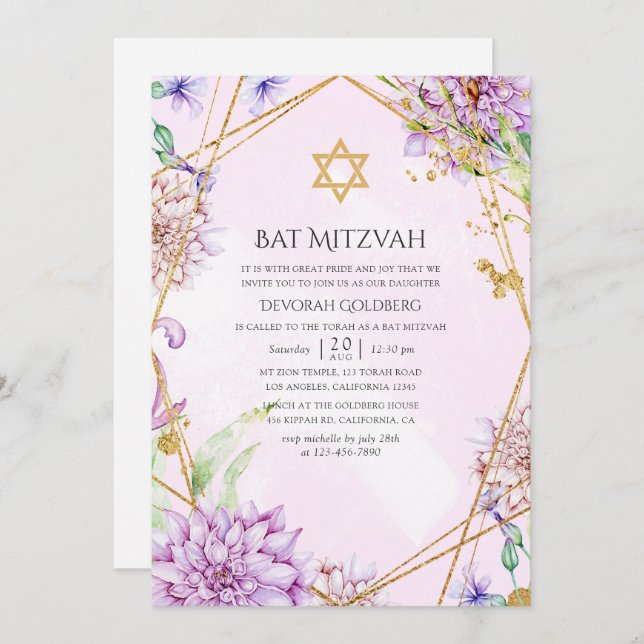 Lila und goldbrauner geometrischer Bat Mitzvah Einladung (Vorne/Hinten)
