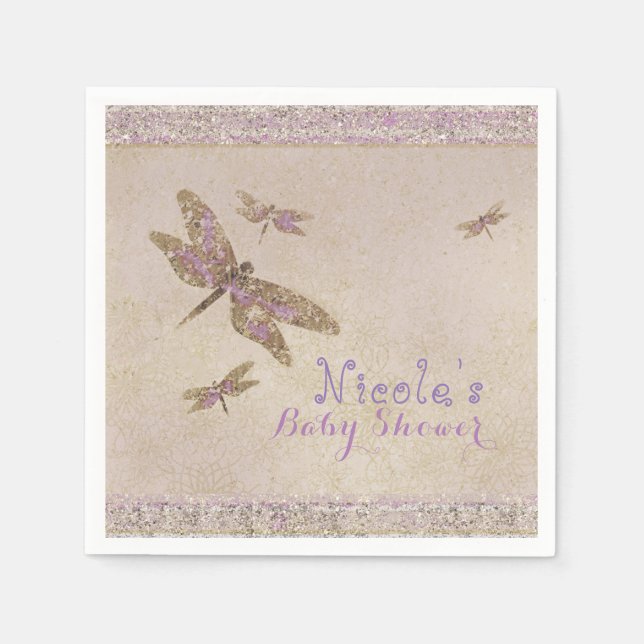 Lila- und Golddrachenfliegen-Dragonfly-Party Serviette (Vorderseite)