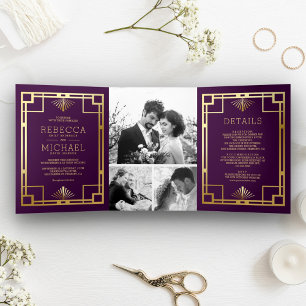 Lila und Goldene Art Deco Foto Collage Hochzeit Dreifach Gefaltete Einladung