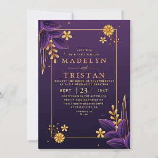 Lila und goldene Ästhetik Foto Hochzeit Einladung