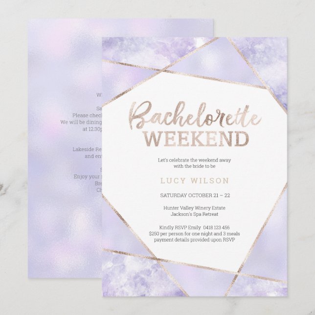 Lila und goldene Bachelorette Wochenende Einladung (Vorne/Hinten)